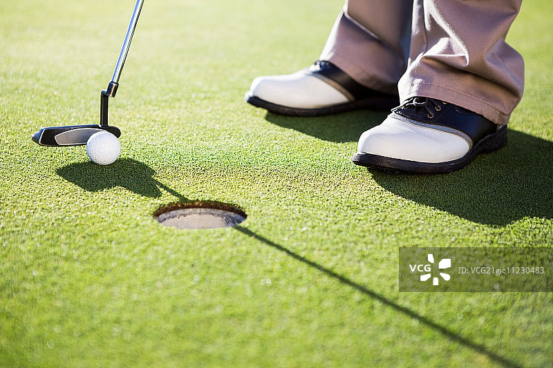 阳光明媚的高尔夫球场上，高尔夫球手在果岭上推杆图片素材