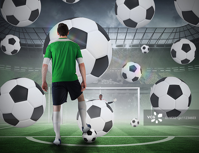 足球运动员准备在大型体育场对足球场进行点球大战的合成图像图片素材