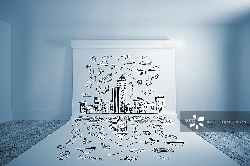 涂鸦城市景观与悬挂在墙上的大型白色屏幕图片素材