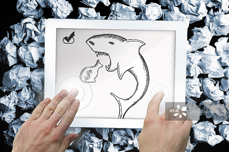 手触碰平板电脑显示高利贷涂鸦合成图像图片素材