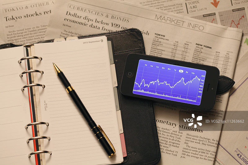 办公用品、圆珠笔、商务沟通、设备数据、办公桌、日记、电子产品、英语报纸、金融图表信息终端、手机网络新闻图片素材