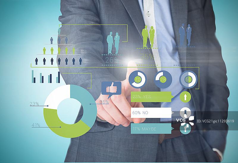 身穿灰色西装的商人指向蓝色小插图图片素材