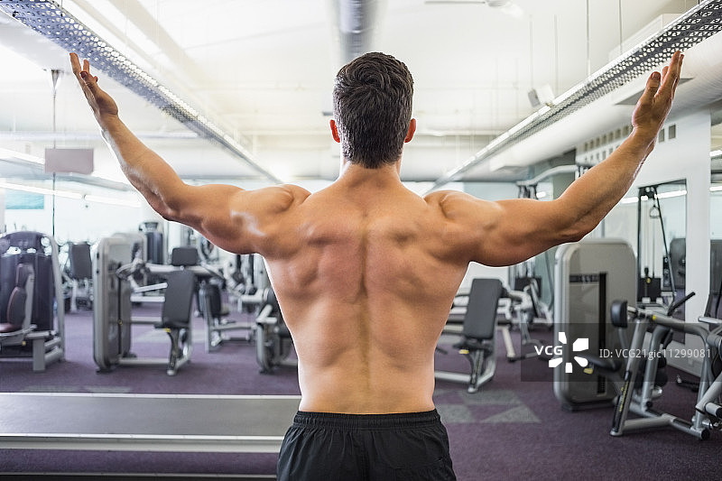 在健身房里，一位没穿上衣的健壮男人举起双臂的背影图片素材