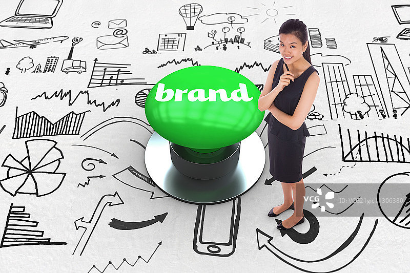 品牌字样与思考中的女商人及绿色按钮图片素材