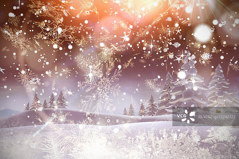 奶油色雪花图案背景上的降雪图片素材