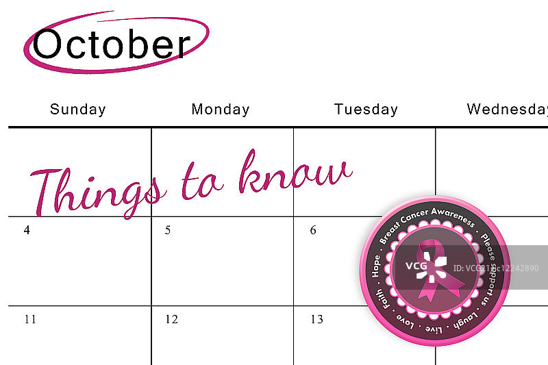 粉红色的乳腺癌防治宣传信息日历图片素材