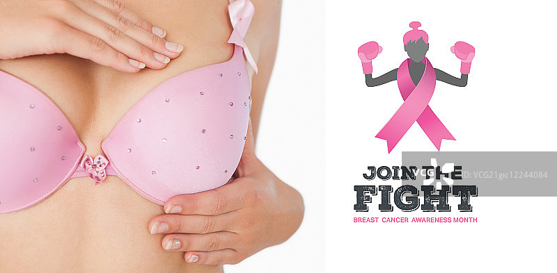 特写：女人进行乳房自检，宣传乳腺癌防治意识图片素材