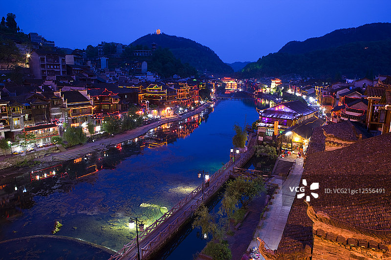 凤凰古镇,沱江,夜景,凤凰县,湖南省,中国,亚洲,图片素材