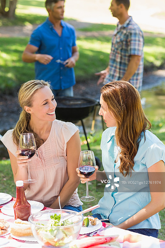 阳光明媚的日子里在公园喝酒的快乐朋友们图片素材