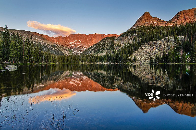 美国科罗拉多州精灵湖中岩石山脉的倒影图片素材