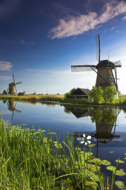 荷兰金德代克河面倒影着风车图片素材