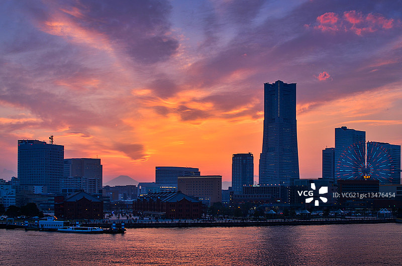 日本横滨港未来城市日落景观图片素材