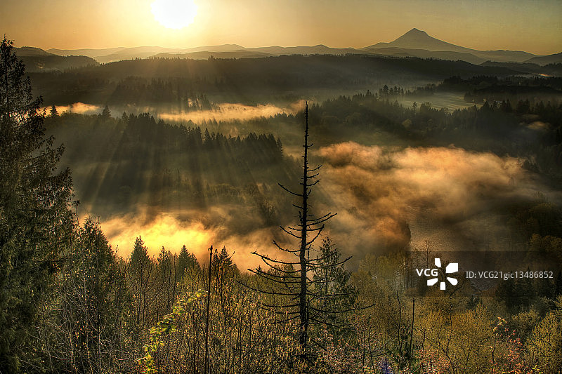 日出时分，加拿大俄勒冈州克拉克马斯县的胡德山和桑迪河谷图片素材