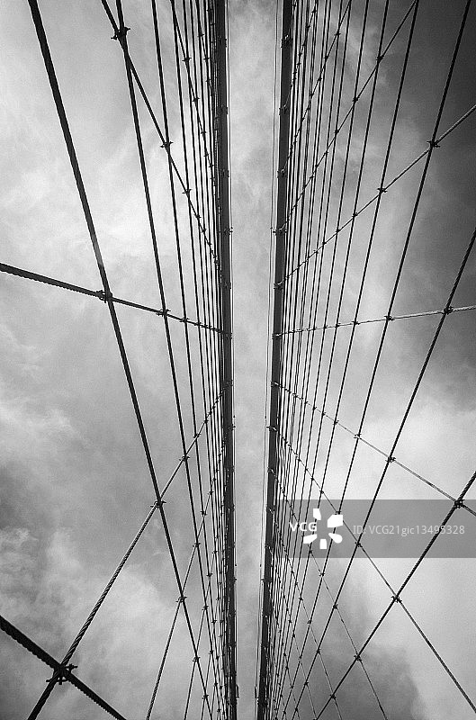 美国纽约大桥的钢缆仰视图片素材