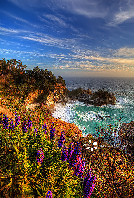 美国加利福尼亚州茱莉亚·菲佛·伯恩斯州立公园麦克威瀑布附近的岩石海岸图片素材