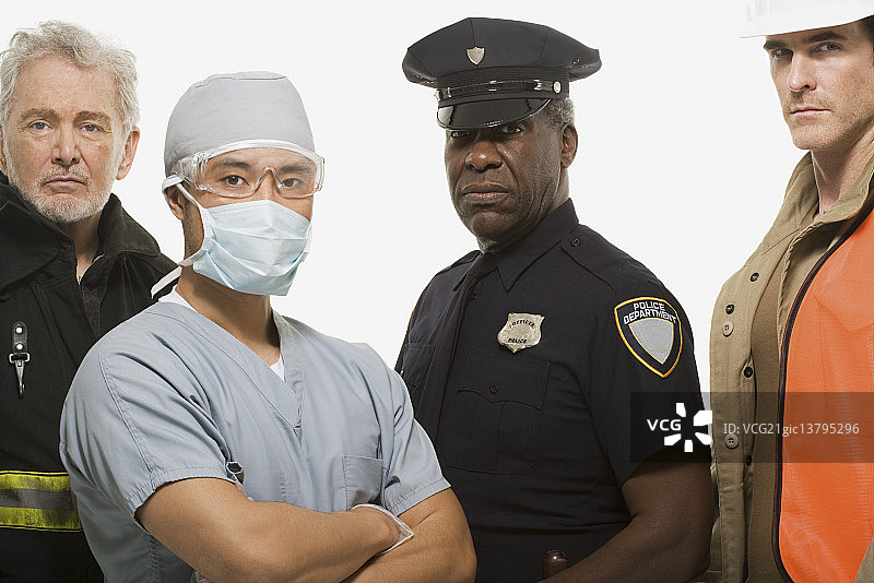 消防员、外科医生、警察和建筑工人图片素材
