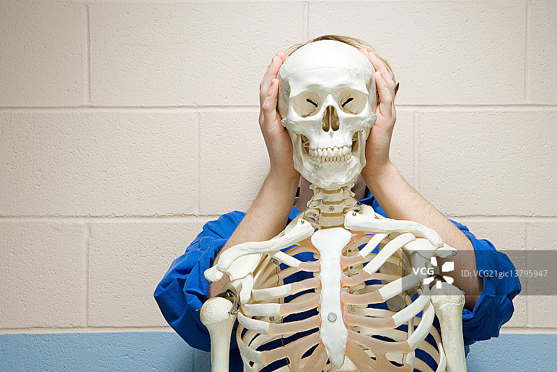 男学生站在人体骨骼后面图片素材