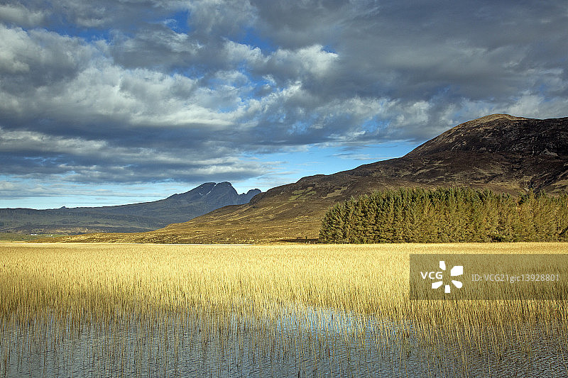 卡伦湖阳光明媚的沼泽和丘陵风光（苏格兰西罗斯）图片素材