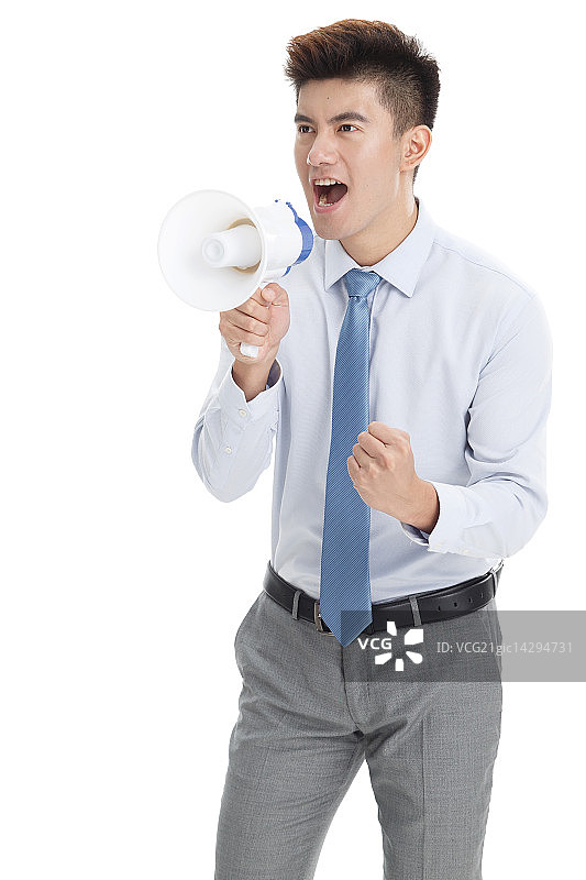 青年男人拿着扩音器呼喊图片素材