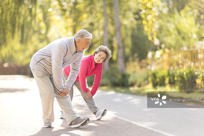 老年伴侣在户外形体锻炼图片素材