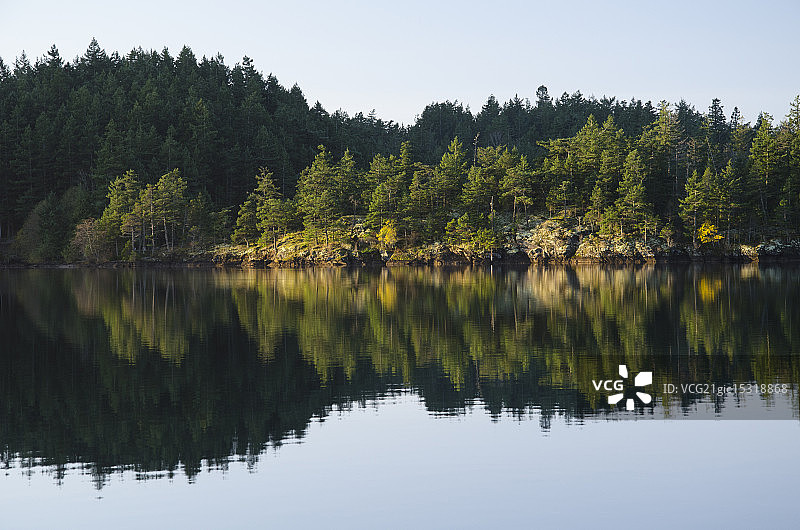 静止湖面所倒映的乡村风光图片素材