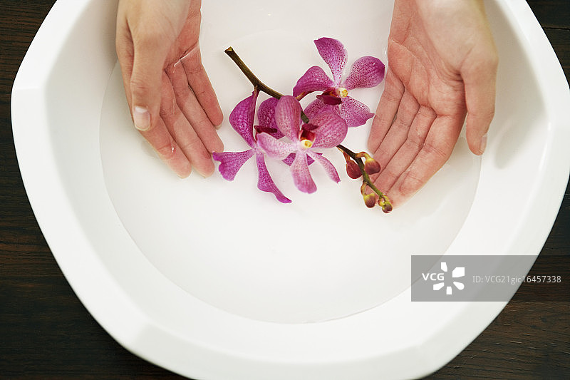 在洗脸盆里洗手的女人图片素材