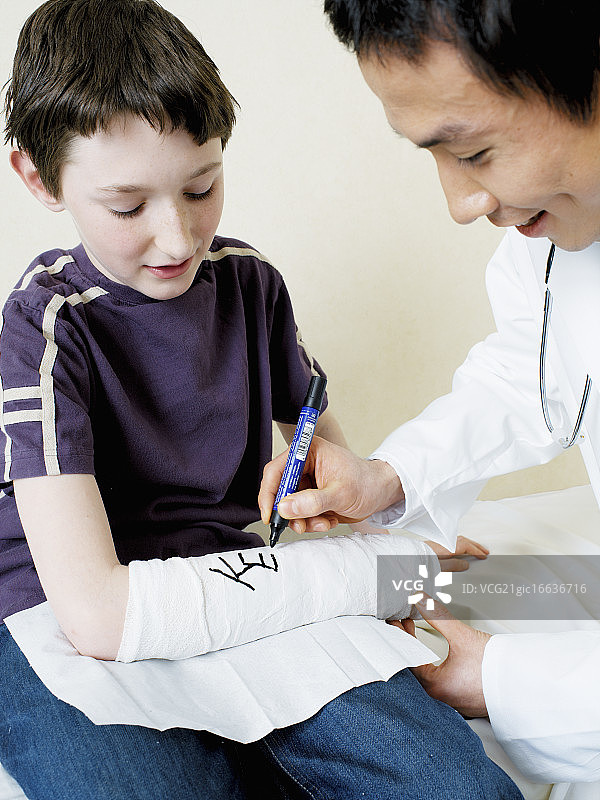 医生在男孩的手臂上打石膏图片素材