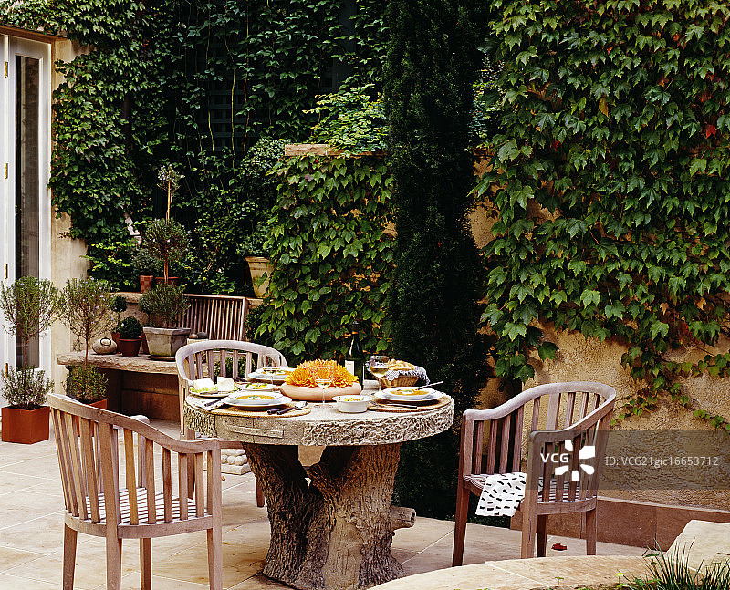 木桌上供应的葡萄酒和主菜图片素材