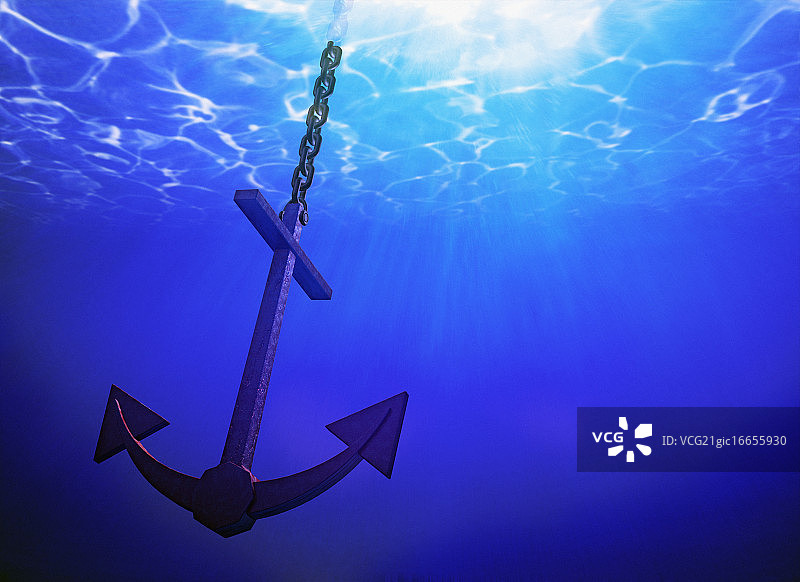清澈蓝色海洋中的锚图片素材