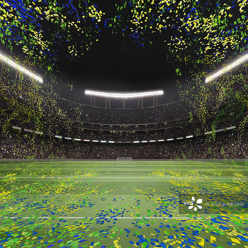 足球场、球门和体育场景观，天空中有五彩纸屑图片素材