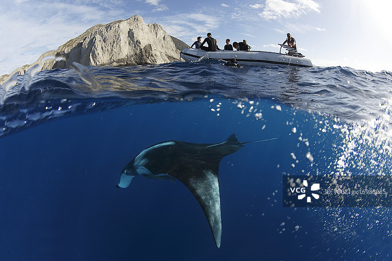 潜水员船只下的蝠鲼与索科罗岛图片素材