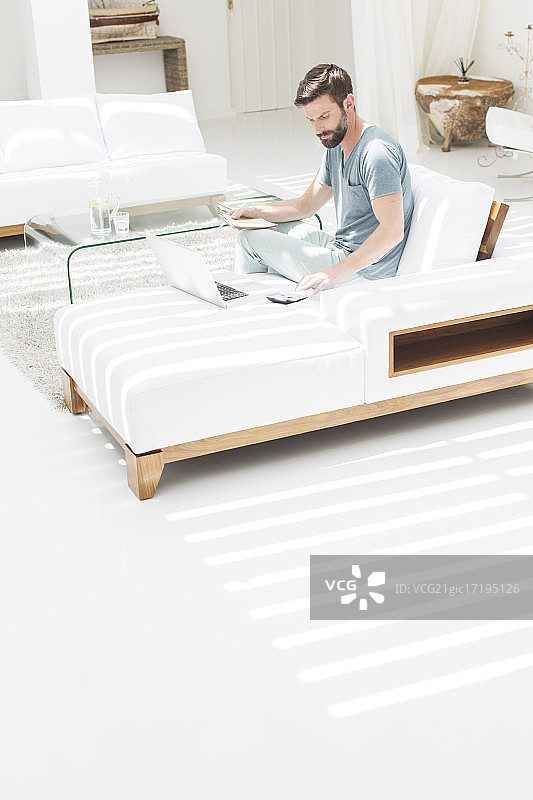 男人在现代客厅的沙发上使用笔记本电脑图片素材