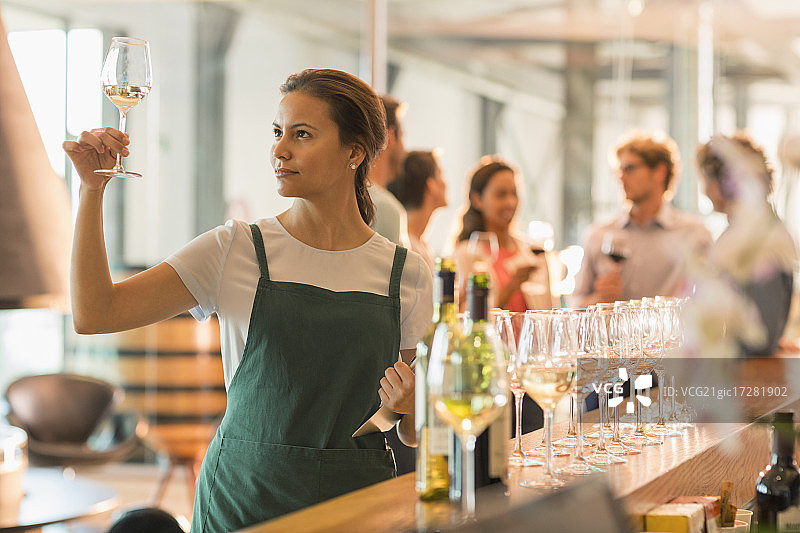 葡萄酒品尝室工作人员检查白葡萄酒图片素材