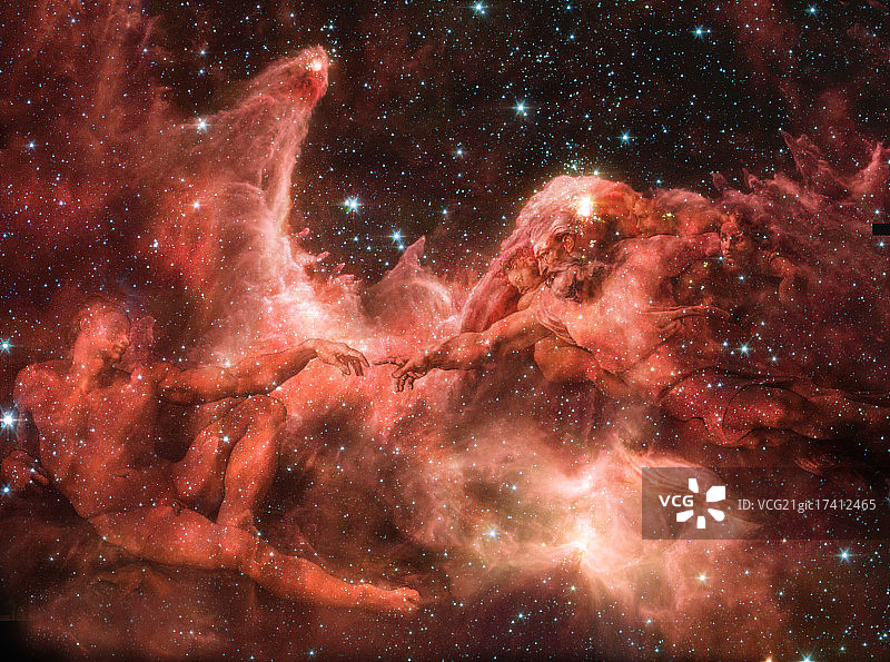 星云中亚当与上帝的触碰图片素材