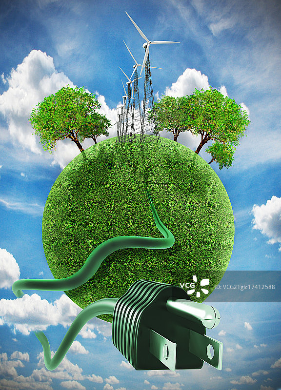 带有风力涡轮机、树木和电源插头的地球图片素材