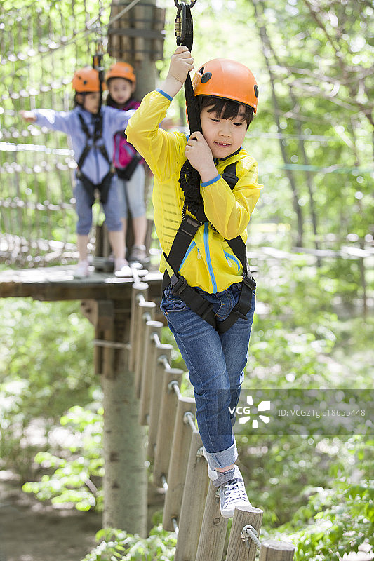 快乐的孩子们挑战树上穿越项目图片素材