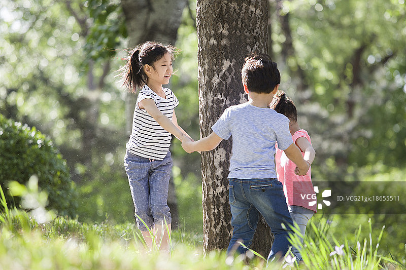 儿童在树林里嬉戏玩耍图片素材