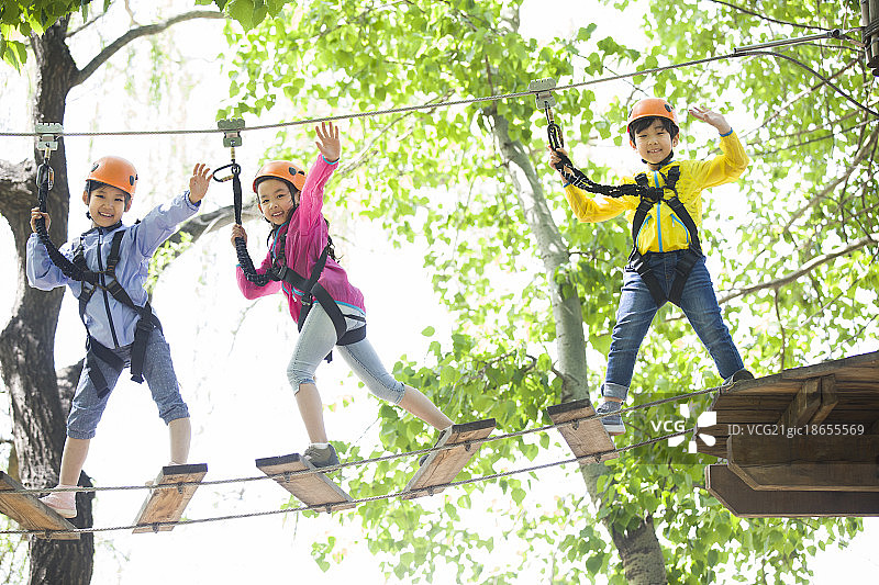 快乐的孩子们挑战树上穿越项目图片素材