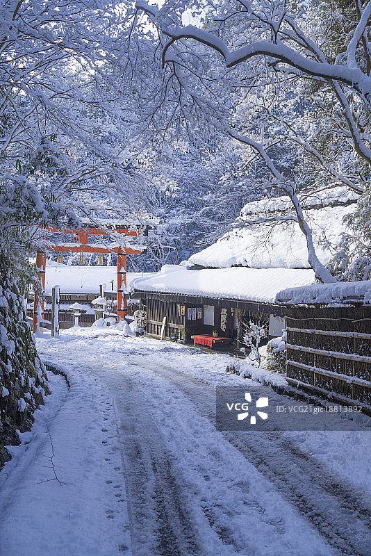 日本京都嵯峨野鸟居本的爱宕神社第一鸟居雪景图片素材