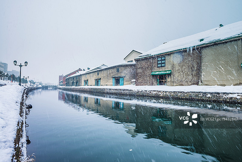 日本北海道小樽运河雪景图片素材