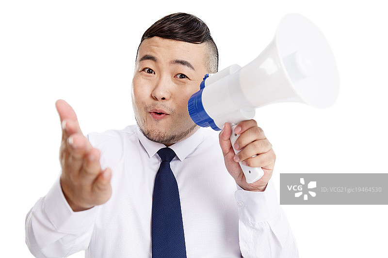 商务胖男人拿着扩音器图片素材