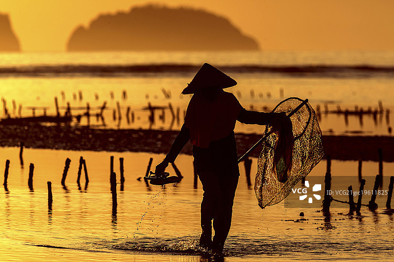 在印度尼西亚松巴哇海藻养殖场拿着网的人图片素材