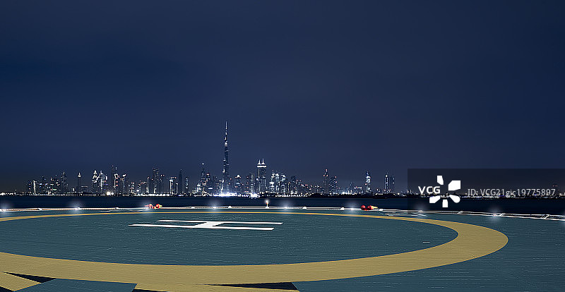 迪拜地标建筑繁华夜景和直升机停机坪图片素材
