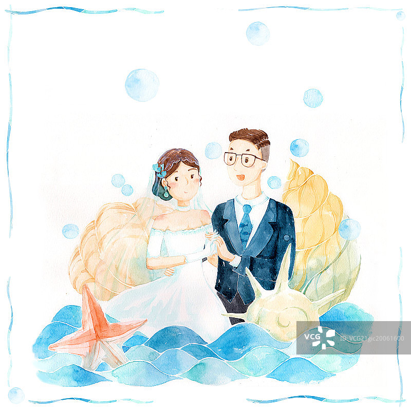 蓝色海洋婚礼水彩手绘请柬图片素材