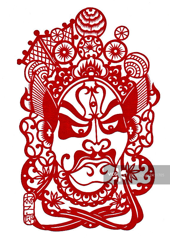 京剧脸谱红色剪纸，杨二郎图片素材