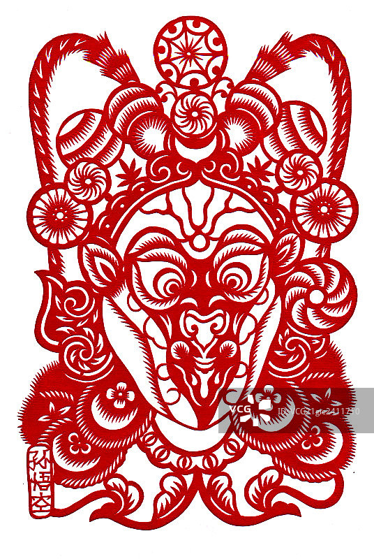 京剧脸谱红色剪纸，孙悟空图片素材