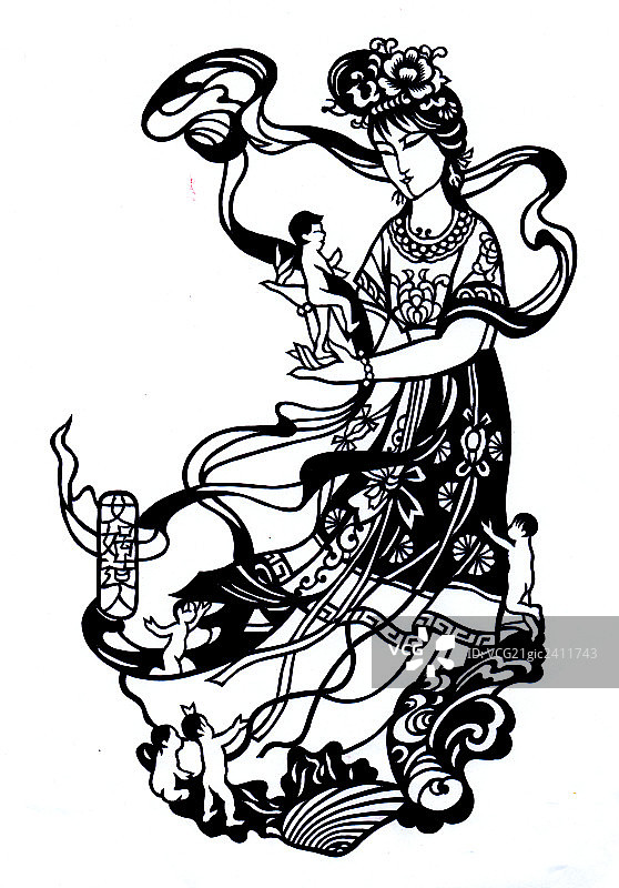 黑白剪纸，女娲造人图片素材