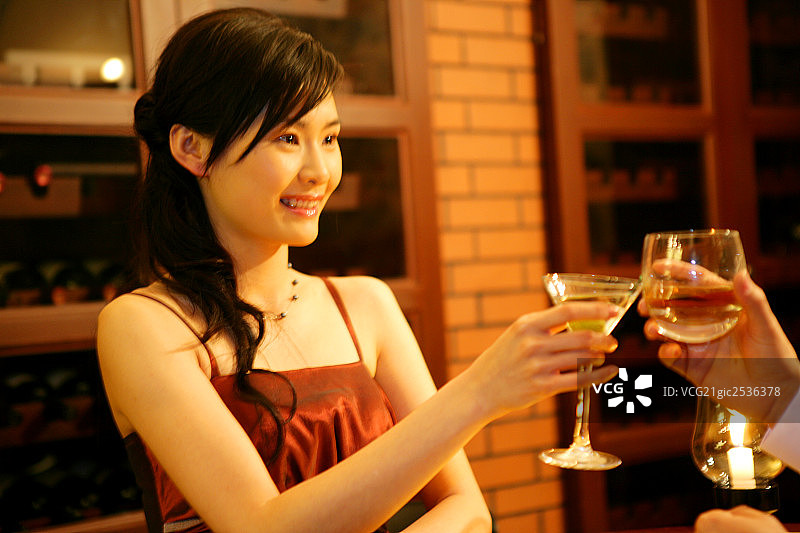 年轻女士在酒店酒吧举杯图片素材