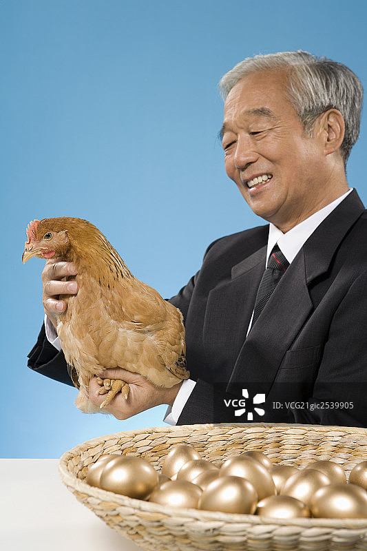 老人抱着一只孵金蛋的鸡图片素材