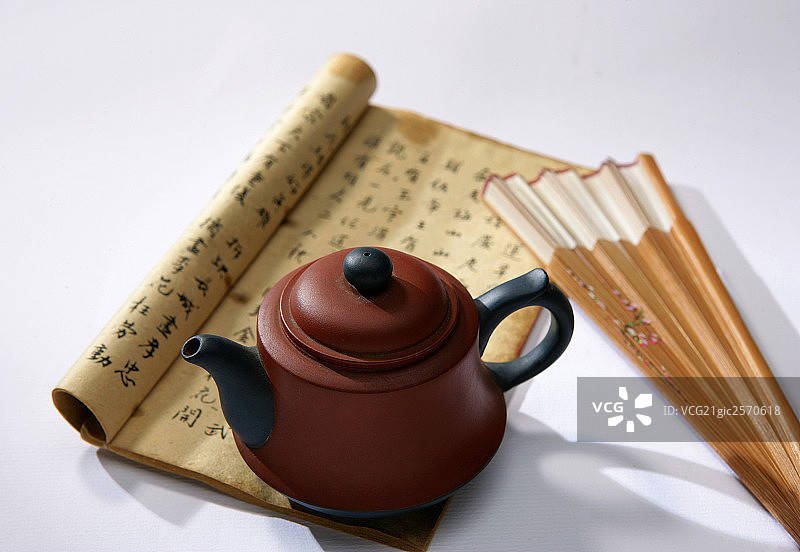 茶具-茶壶,古书,扇子图片素材